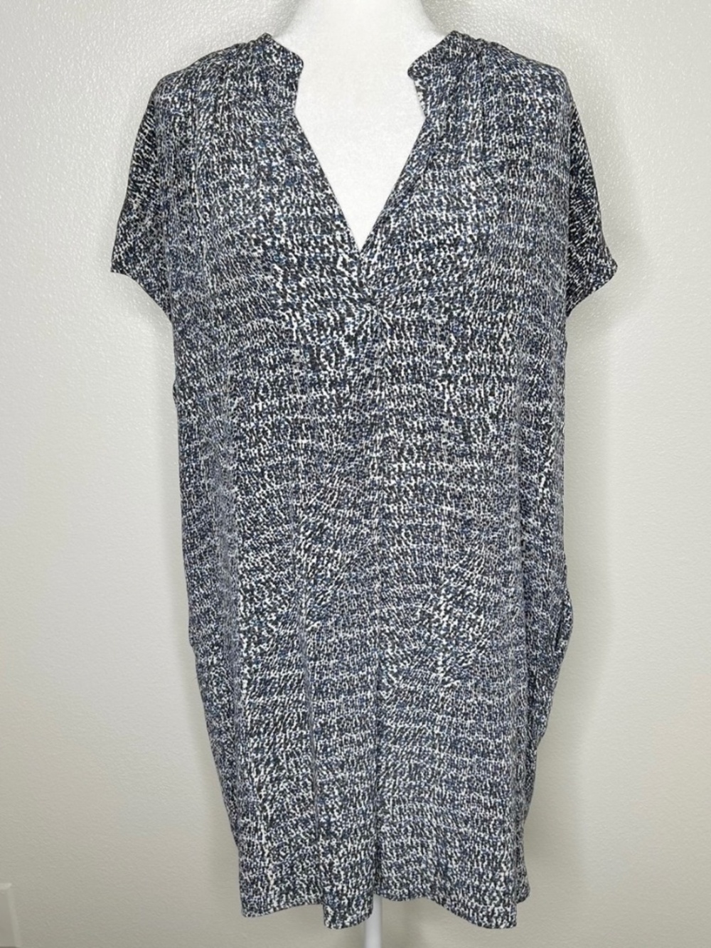 VINCE Womens Blue Speckled Print 100% Silk V-Neck Tunic Shift Dress Size L